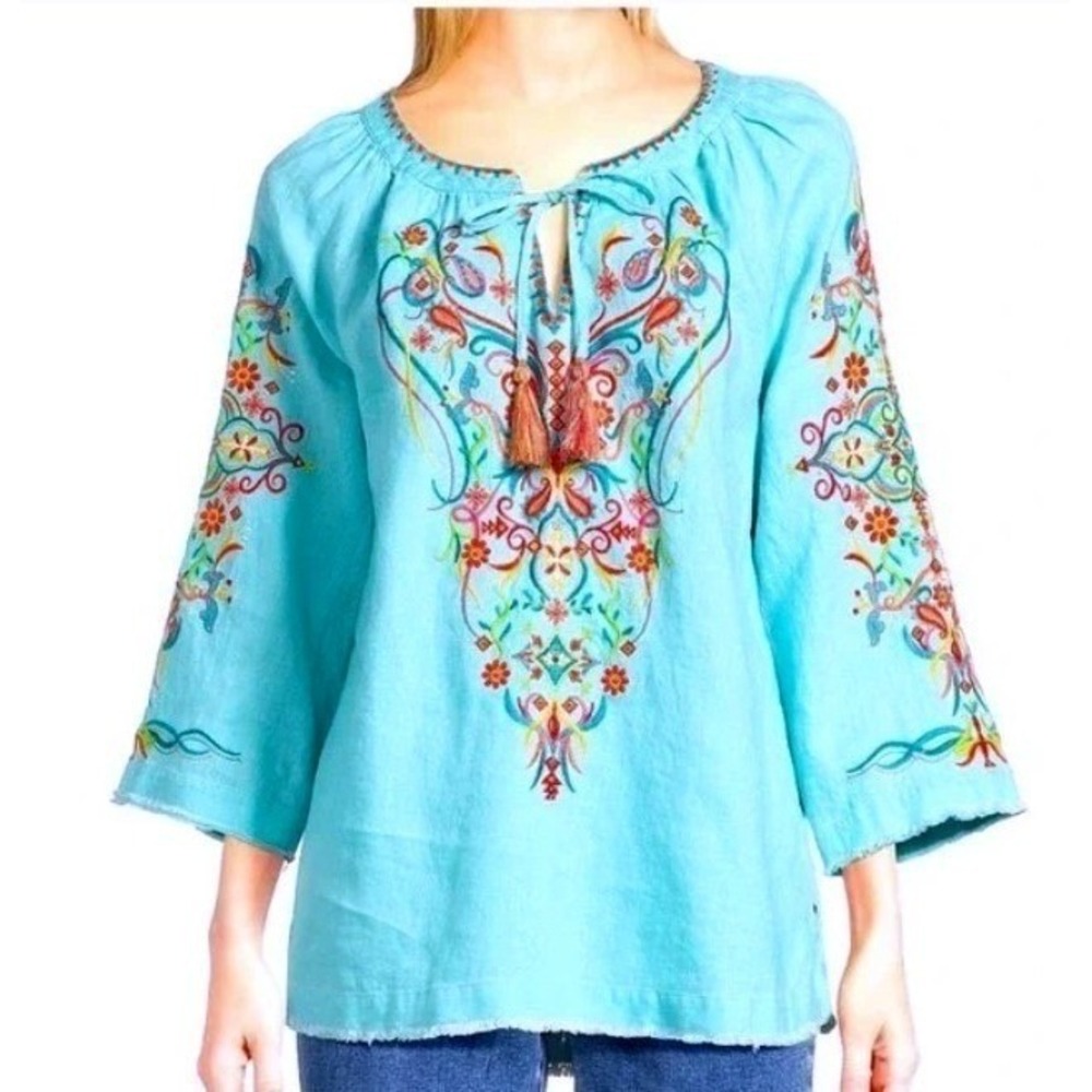 John Mark Womens 1X Spring Fling Turquoise Embroidered Linen‎ Tunic NWT
